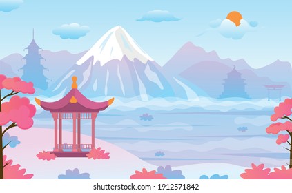 Cartoon Color Chinese Traditional Landscape Scene Concept Travel and Tourism Concept Flat Design Style. Vector illustration