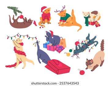 Cartoon Color Christmas Cats Set Merry Xmas and Happy New Year Concept Flat Design Style. Vector illustration of Cute Kitten Playing Garland