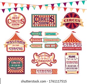 Cartoon Color Circus Show Labels Set Flat Design Style. Vector Illustration Of Arrow And Entertainment Poster