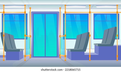 Cartoon Color City Bus Empty with Blue Seats Interior Inside Concept Flat Design Style. Vector illustration