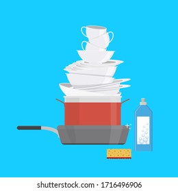 Cartoon Color Clean Dishes Set on a Blue Concept Flat Design. Vector illustration