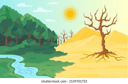 Cartoon Color Climate Change Landscape Scene Concept Flat Design Style. Vector illustration of Ecology Problem and Drought Earth