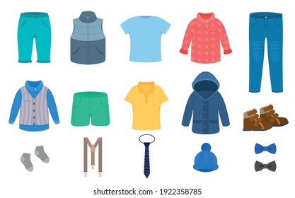 Cartoon Color Clothes Boys Icon Set Flat Design Style Include of Pant, Shirt, Shoes, Jeans and Socks. Vector illustration of Icons