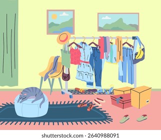 Cartoon Color Clothes Hanging on Rack, Poof with a Cat and Table Room Interior Inside Scene Concept Flat Design Style. Vector illustration
