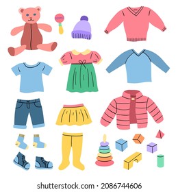 Cartoon Color Clothes Kids Icons Set Include of Pant, Dress, Hat and Shirt. Vector illustration of Child Garment Icon