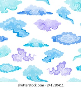 Cartoon Color Clouds Seamless Pattern. Background with various vector cartoon clouds on white background. Sky with clouds. 