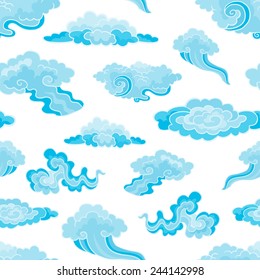 Cartoon Color Clouds Seamless Pattern. Background with various vector cartoon clouds on white background. Sky with clouds. 