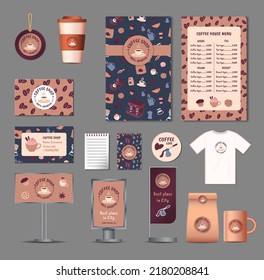 Cartoon Color Coffee Branding Identity Set Include of Cup, Bag, Card, Tshirt and Menu. Vector illustration