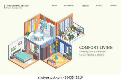 Cartoon Color Comfort Living Interior Inside Concept Ads Banner Poster Card 3d Isometric View Line Elements. Vector illustration