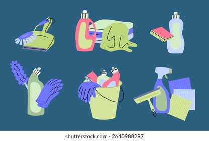 Cartoon Color Composition Cleaning Supplies Set Housework Concept Flat Design Style. Vector illustration of Brush, Cloth, Wiper, Scoop, Washing Sponge and Detergent Bottle