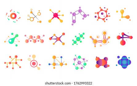 Cartoon Color Connected Molecules Icons Set Different Types Symbol of Atom Technology and Science. Vector illustration