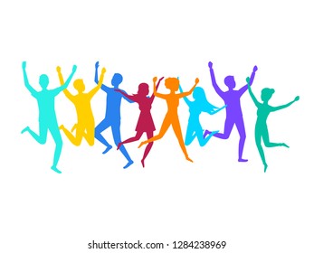 Cartoon Color Contour Jumping Characters People Set Concept Party Element Flat Design Style. Vector illustration of Happiness and Active Group
