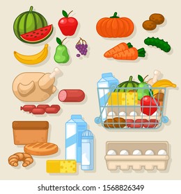 Cartoon Color Cooking Product Icon Set Include of Egg, Milk, Fruit, Sausage and Bread. Vector illustration of Icons