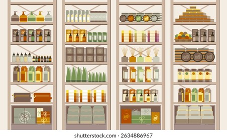 Cartoon Color Cosmetic Shop Stands Set Different Products Concept Flat Design Style. Vector illustration of of Beauty Store