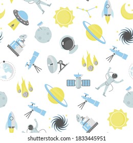 Cartoon Color Cosmos Concept Seamless Pattern Background on a White Include of Planet, Rocket, Astronaut, Moon, Telescope and Comet. Vector illustration of Icons