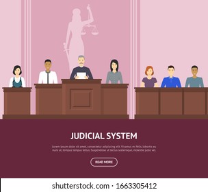 Cartoon Color Court Building Inside Interior With People Card Ad Courthouse Justice Concept Element Flat Design Style. Vector Illustration