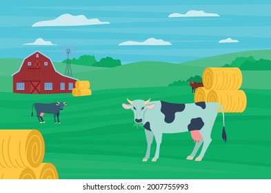 Cartoon Color Cows Farm Summer Rural Landscape Scene Concept Flat Design Style. Vector illustration of Farming