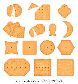 Cartoon Color Cracker Chips Icon Set Include of Crunchy Different Shape Cookie. Vector illustration of Delicious Tasty Cookies Icons