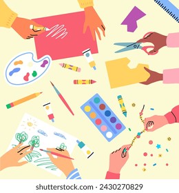 Cartoon Color Creative Kids Lab Preschool Activity Top View Concept Flat Design Style. Vector illustration of Hands Creating Handmade Work