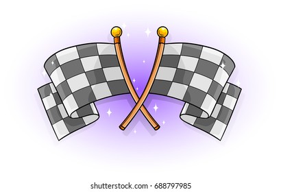 Cartoon color crossed racing black and white flag with wooden stick on violet background vector