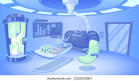 Cartoon Color Cryonics Laboratory Interior Scene Concept Estilo de Design Plano. Ilustração vetorial da câmara de crio com regime de baixa temperatura