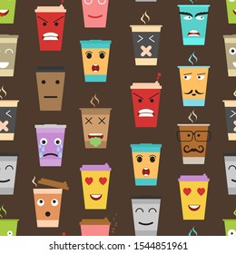 Cartoon Color Cup Coffee or Tea Characters Seamless Pattern Background Emotion Expression Beverage Concept Element Flat Design Style. Vector illustration