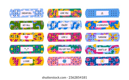 Cartoon Color Cute Aid Band Plaster Medical Patch Set Concept Flat Design Style. Vector illustration of Adhesive Bandage