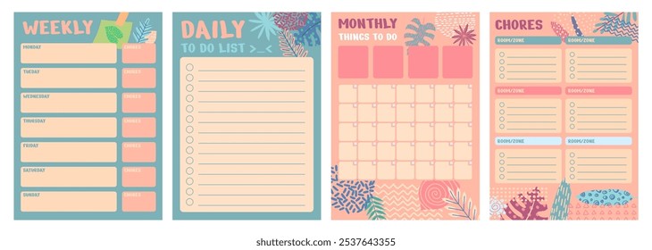 Cartoon Color Cute Bullet Journal Template Weekly and Daily Set Concept Flat Design Style. Vector illustration