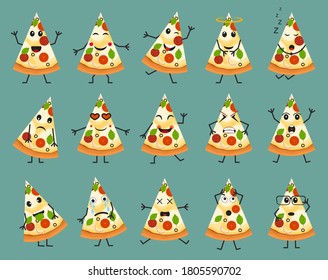 Cartoon Color Cute Pizza Slices Icon Set Flat Design Style. Vector illustration of Slice or Piece