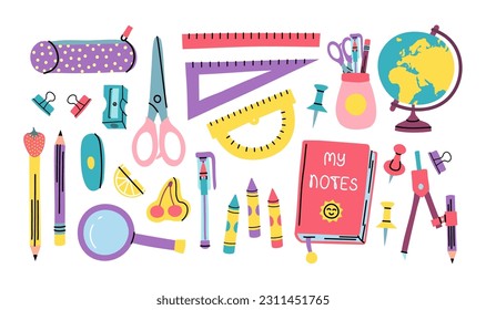 Cartoon Color Cute School Stationery Different Elements Set Concept Flat Design Style Include of Ruler, Scissors, Pen and Crayon. Vector illustration