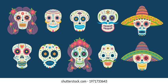 Cartoon Color Day of The Dead Skull Sign Icons Set Concept Flat Design Style. Vector illustration