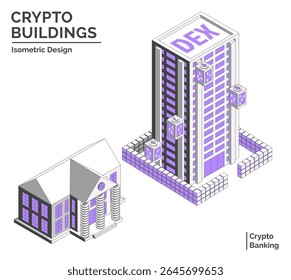 Cartoon Color Decentralized Exchange and Bank Crypto Buildings Isolated on a White Background City Concept 3d Isometric View Line Elements. Vector illustration
