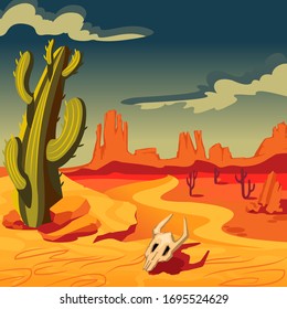 Cartoon Color Desert Landscape Scene Concept Flat Design Style Include of Sand and Cactus. Vector illustration