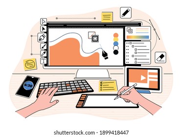 Cartoon Color Designer Working Concept Flat Design Style with Elements Contour Linear. Vector illustration of Creative Workplace