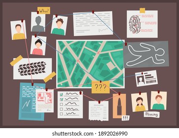 Cartoon Color Detectives Board with Elements Concept Flat Design Style Symbol of Investigation Crime and Evidence. Vector illustration