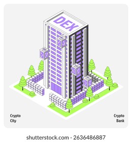 Cartoon Color DEX Building Architecture Crypto City Concept 3d Isometric View Line Elements. Vector illustration of Decentralized Exchange