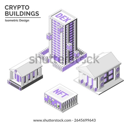 Cartoon Color DEX, NFT Gallery, Blockchain Museum and Virtual Exchange Crypto Buildings Isolated on a White Background City Concept 3d Isometric View Line Elements. Vector illustration