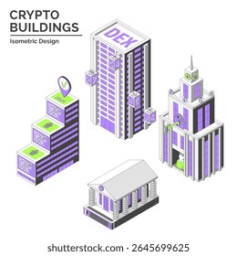 Cartoon Color DEX, Wallet Company, Smart Contract Hub and Virtual Exchange Crypto Buildings Isolated on a White Background City Concept 3d Isometric View Line Elements. Vector illustration