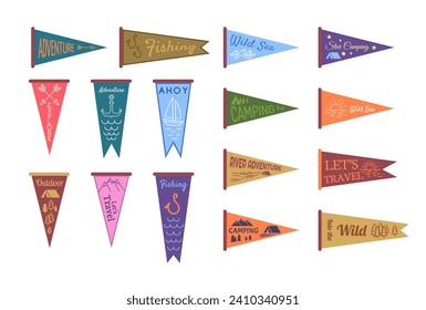 Cartoon Color Different Adventure Pennants Icons Set Concept Flat Design Style. Vector illustration of Pennant with Camping and Fishing