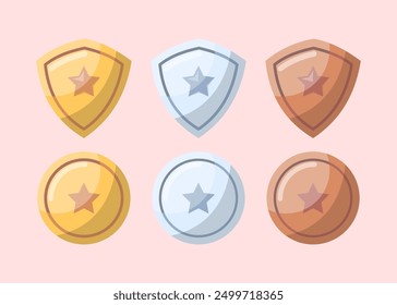 Cartoon Color Different Awards Shield Set Symbol of Win Competition. Vector illustration of Gold, Silver and Bronze Type