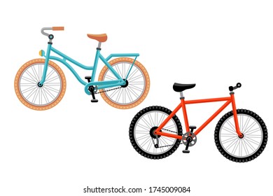 Cartoon Color Different Bicycles Icon Set, Sport Flat Design. Colorful bicycle Vector flat illustration, isolated on white background. Bicycle vector illustration.