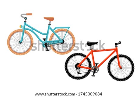 Cartoon Color Different Bicycles Icon Set, Sport Flat Design. Colorful bicycle Vector flat illustration, isolated on white background. Bicycle vector illustration.