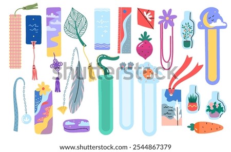 Cartoon Color Different Bookmarks Set Concept Flat Design Style. Vector illustration of Bookmark Decorative Book Separator