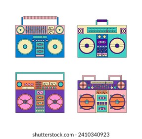 Cartoon Color Different Boombox Icon Set Cassette Music Retro Concept Flat Design Style. Vector illustration of Tape Recorders