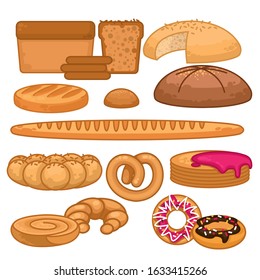 Cartoon Color Different Bread Icon Set Include of Loaf, Croissant, Bagel and Baguette. Vector illustration of Icons