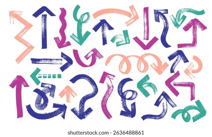 Cartoon Color Different Brush and Marker Drawn Bold Arrows Set. Vector illustration of Hand Drawn Doodle Thick Arrow