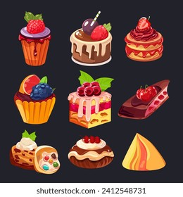 Cartoon Color Different Cakes Sweets Desserts Icon Set Concept Flat Design Style. Vector illustration of Cute Cupcake with Topping and Piece Cake