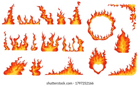 Cartoon Color Different Campfire Element Icon Set Burn Fire Concept Flat Design Style. Vector illustration of Icons