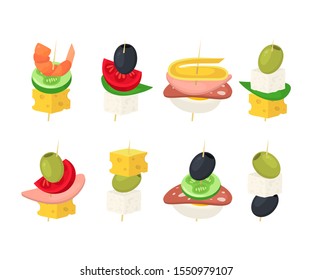 Cartoon Color Different Canape Icon Set for Banquet, Cafe, Restaurant or Party. Vector illustration of Icons