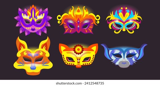 Cartoon Color Different Carnival Masks Masquerade Set Concept Flat Design Style. Vector illustration of Venetian Painted Facial Mask